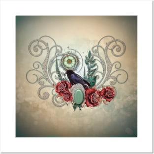 Elegant vintage roses with crow, the perfect balance of light and dark Posters and Art